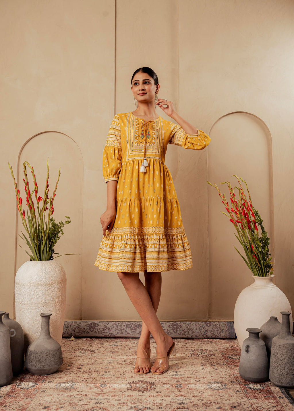 Juniper Mustard Ethnic Motifs Viscose Tiered Short Dress With Beads, Sequence, Dori | Grocsy