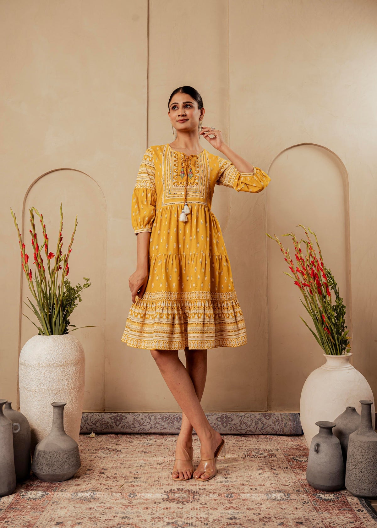 Juniper Mustard Ethnic Motifs Viscose Tiered Short Dress With Beads, Sequence, Dori | Grocsy