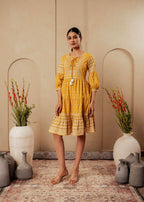 Juniper Mustard Ethnic Motifs Viscose Tiered Short Dress With Beads, Sequence, Dori | Grocsy
