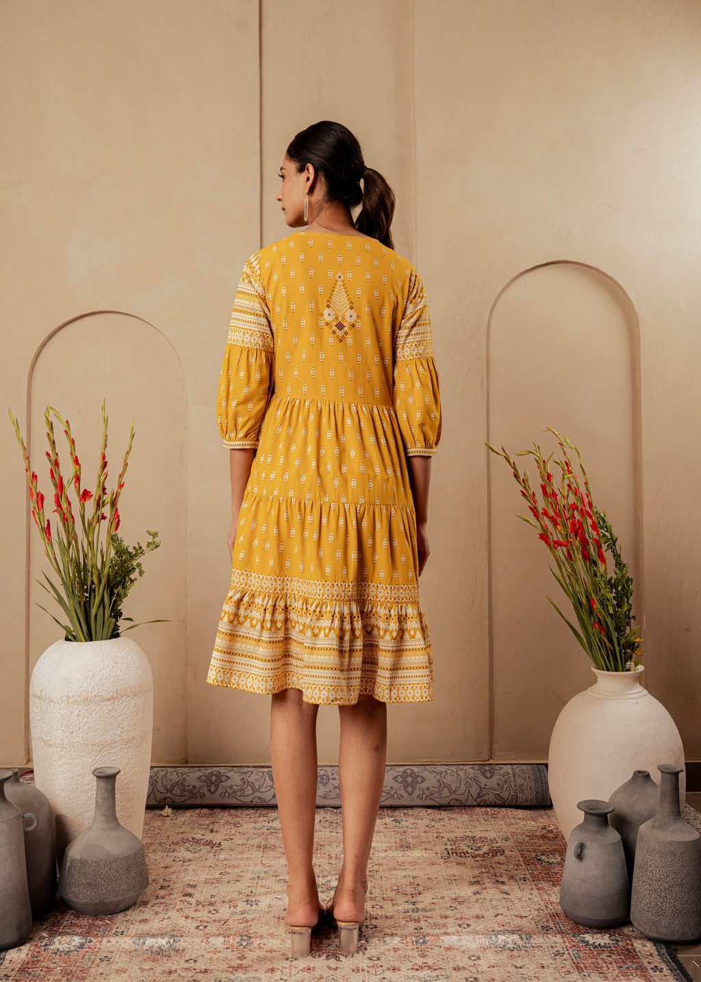 Juniper Mustard Ethnic Motifs Viscose Tiered Short Dress With Beads, Sequence, Dori | Grocsy