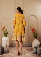 Juniper Mustard Ethnic Motifs Viscose Tiered Short Dress With Beads, Sequence, Dori | Grocsy