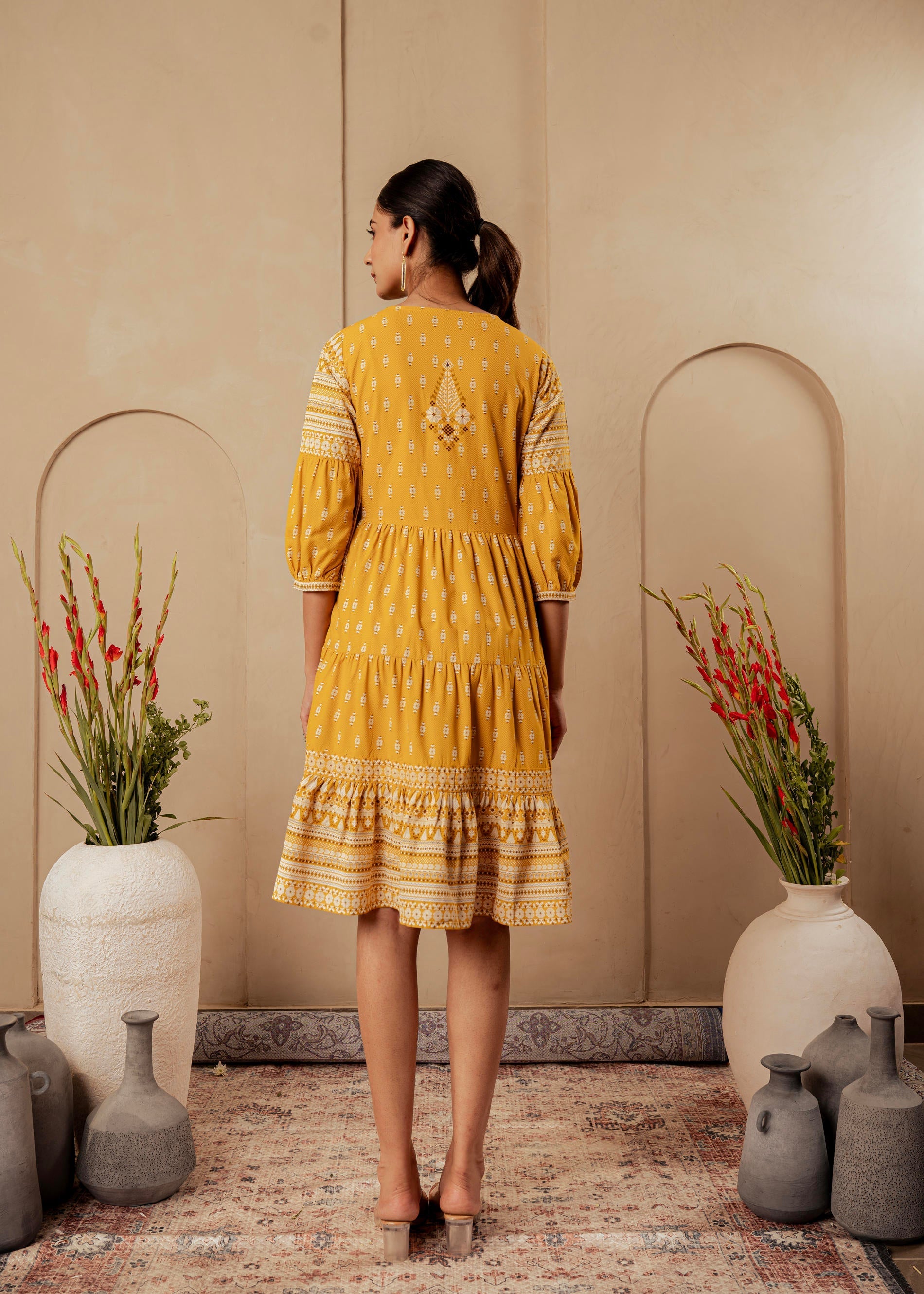 Juniper Mustard Ethnic Motifs Viscose Tiered Short Dress With Beads, Sequence, Dori | Grocsy