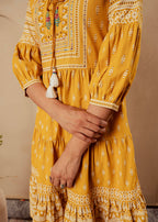 Juniper Mustard Ethnic Motifs Viscose Tiered Short Dress With Beads, Sequence, Dori | Grocsy