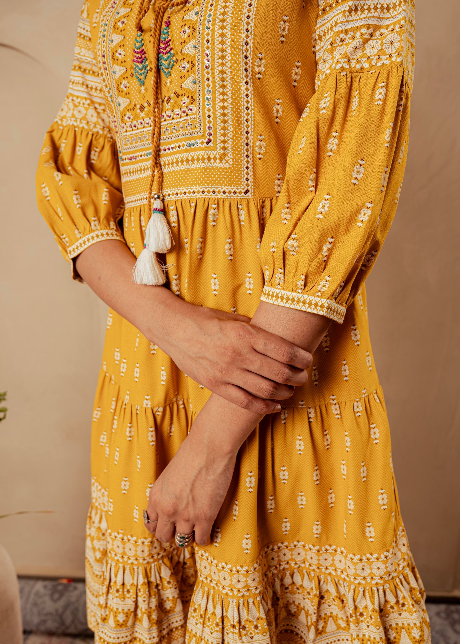 Juniper Mustard Ethnic Motifs Viscose Tiered Short Dress With Beads, Sequence, Dori | Grocsy