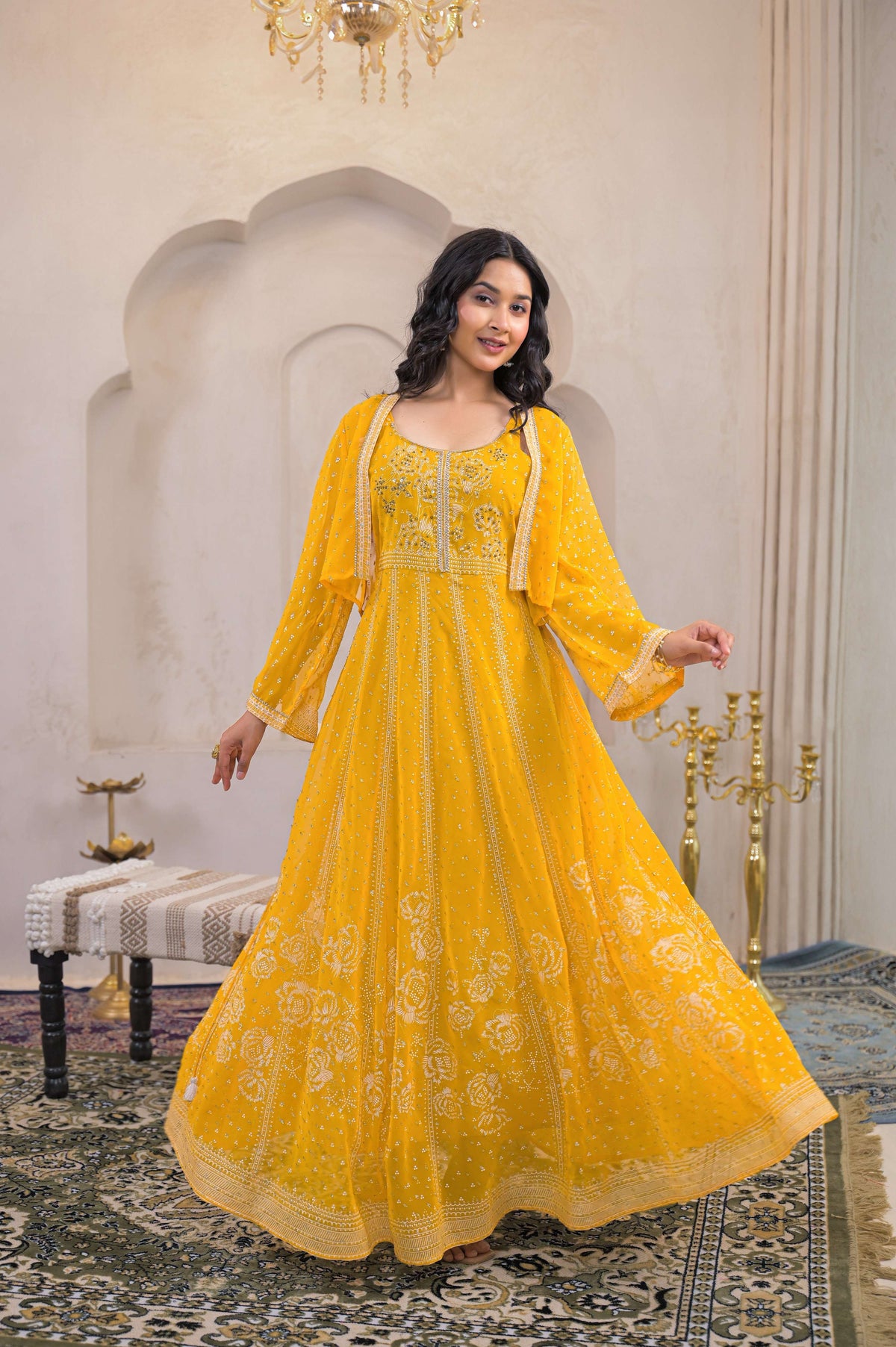 Juniper Mustard Ethnic Motifs Printed Man Made Fiber Tiered Long Dress | Grocsy