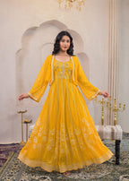 Juniper Mustard Ethnic Motifs Printed Man Made Fiber Tiered Long Dress | Grocsy