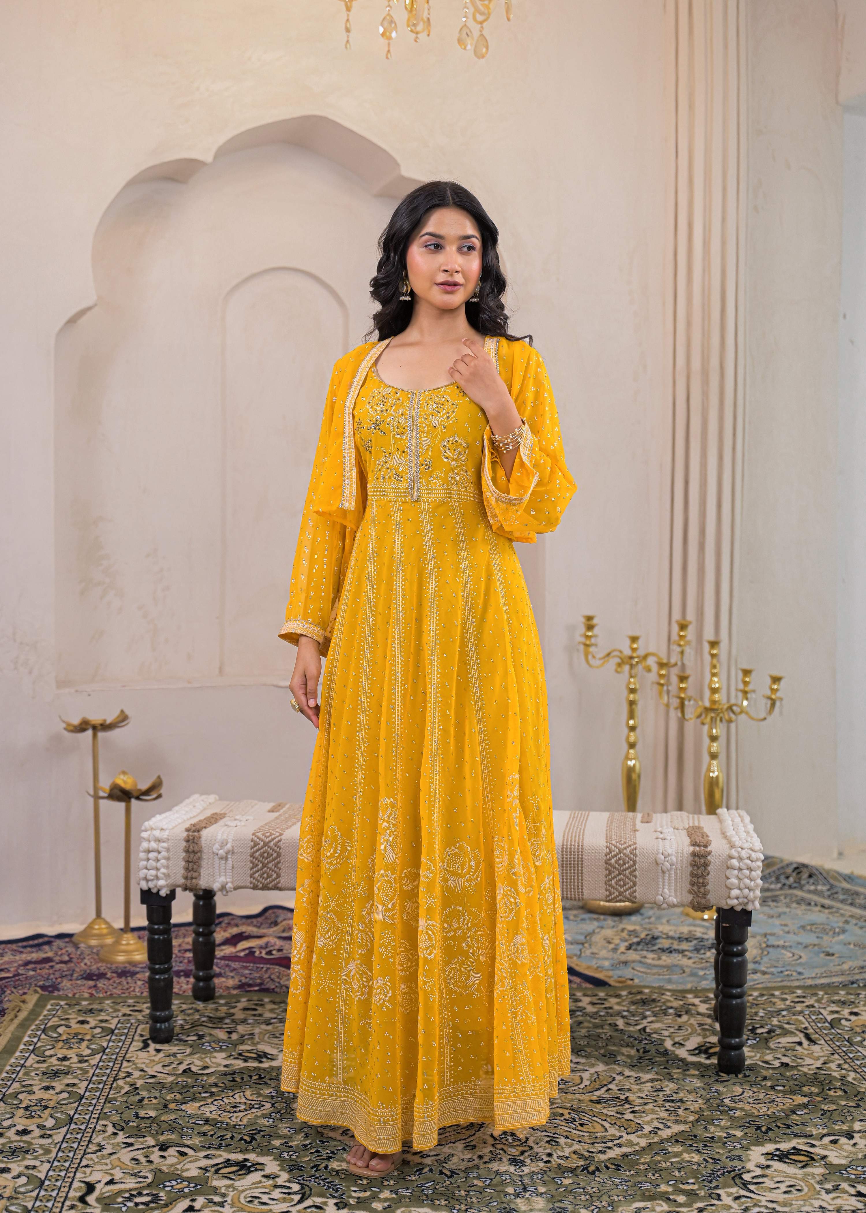 Juniper Mustard Ethnic Motifs Printed Man Made Fiber Tiered Long Dress | Grocsy
