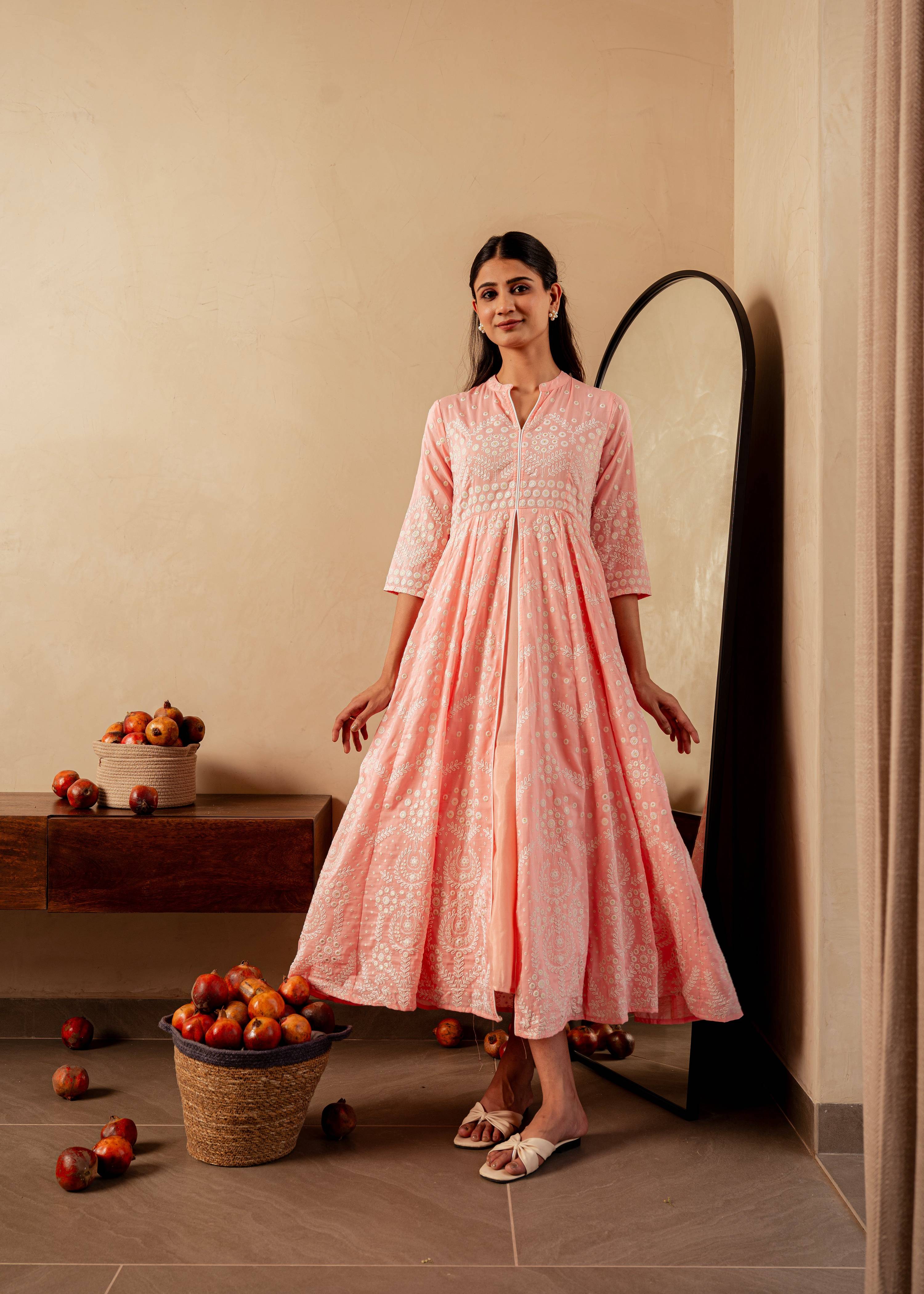 Juniper Peach Solid Panelled Long Dress With Thread Work | Grocsy