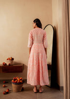 Juniper Peach Solid Panelled Long Dress With Thread Work | Grocsy