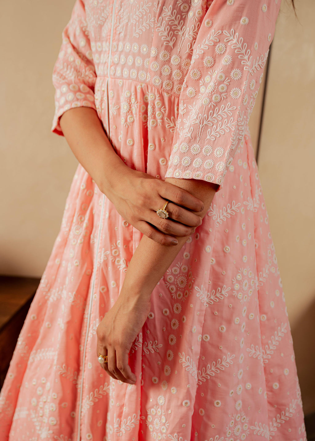 Juniper Peach Solid Panelled Long Dress With Thread Work | Grocsy