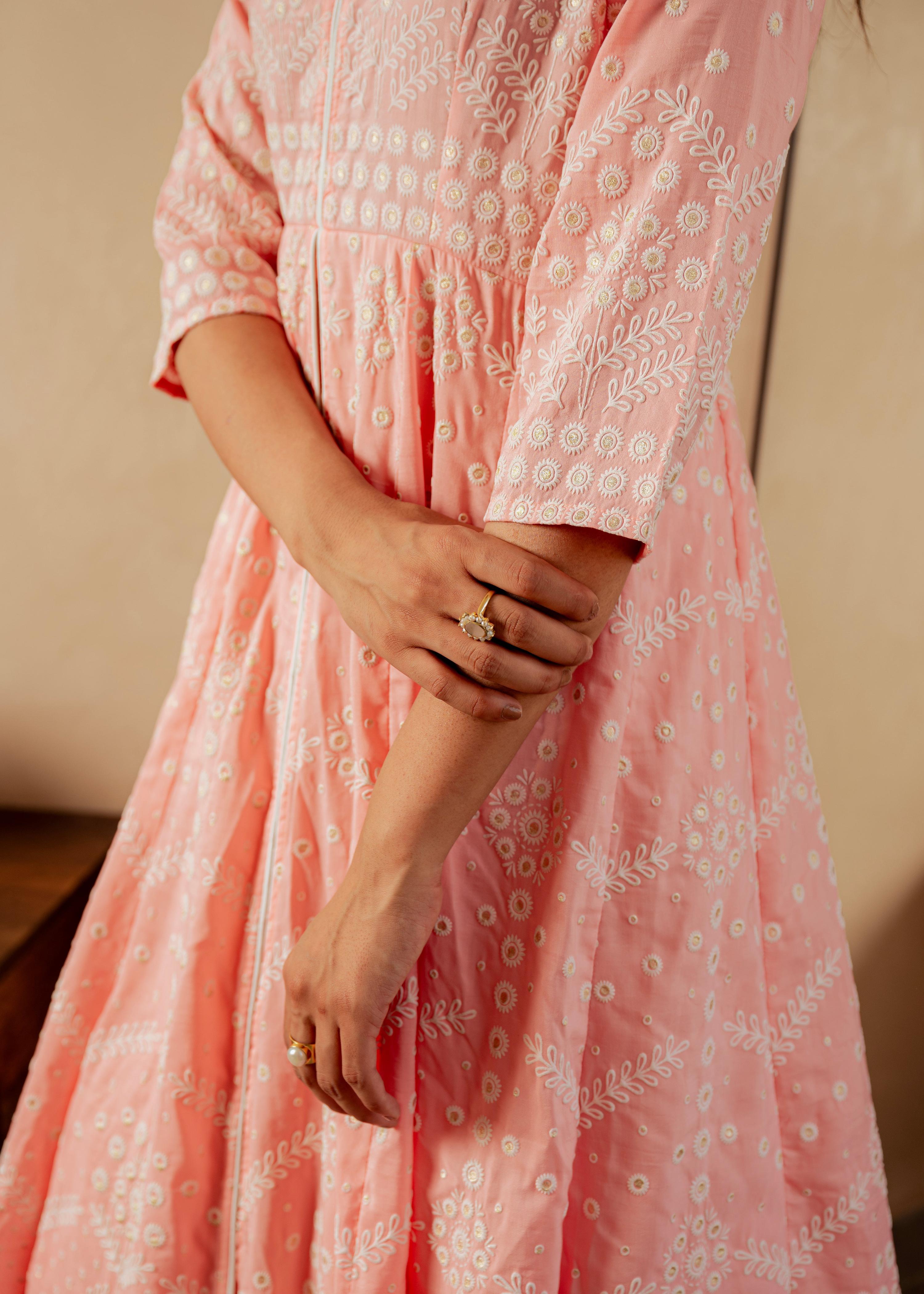 Juniper Peach Solid Panelled Long Dress With Thread Work | Grocsy