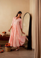 Juniper Peach Solid Panelled Long Dress With Thread Work | Grocsy