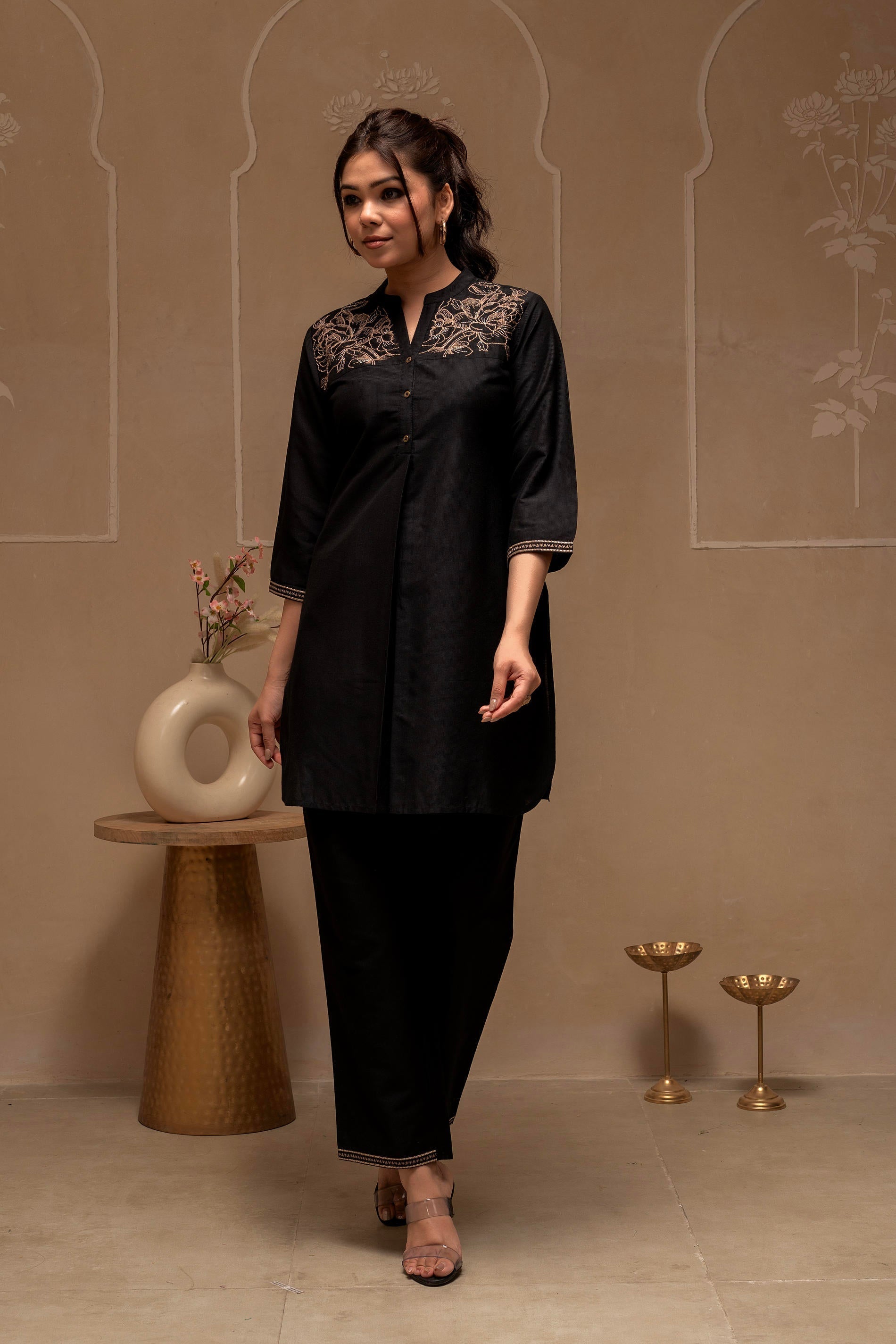 Juniper Black Solid Viscose Tunic And Pants Co-Ord Set With Thread Work And Button Detailing | Grocsy
