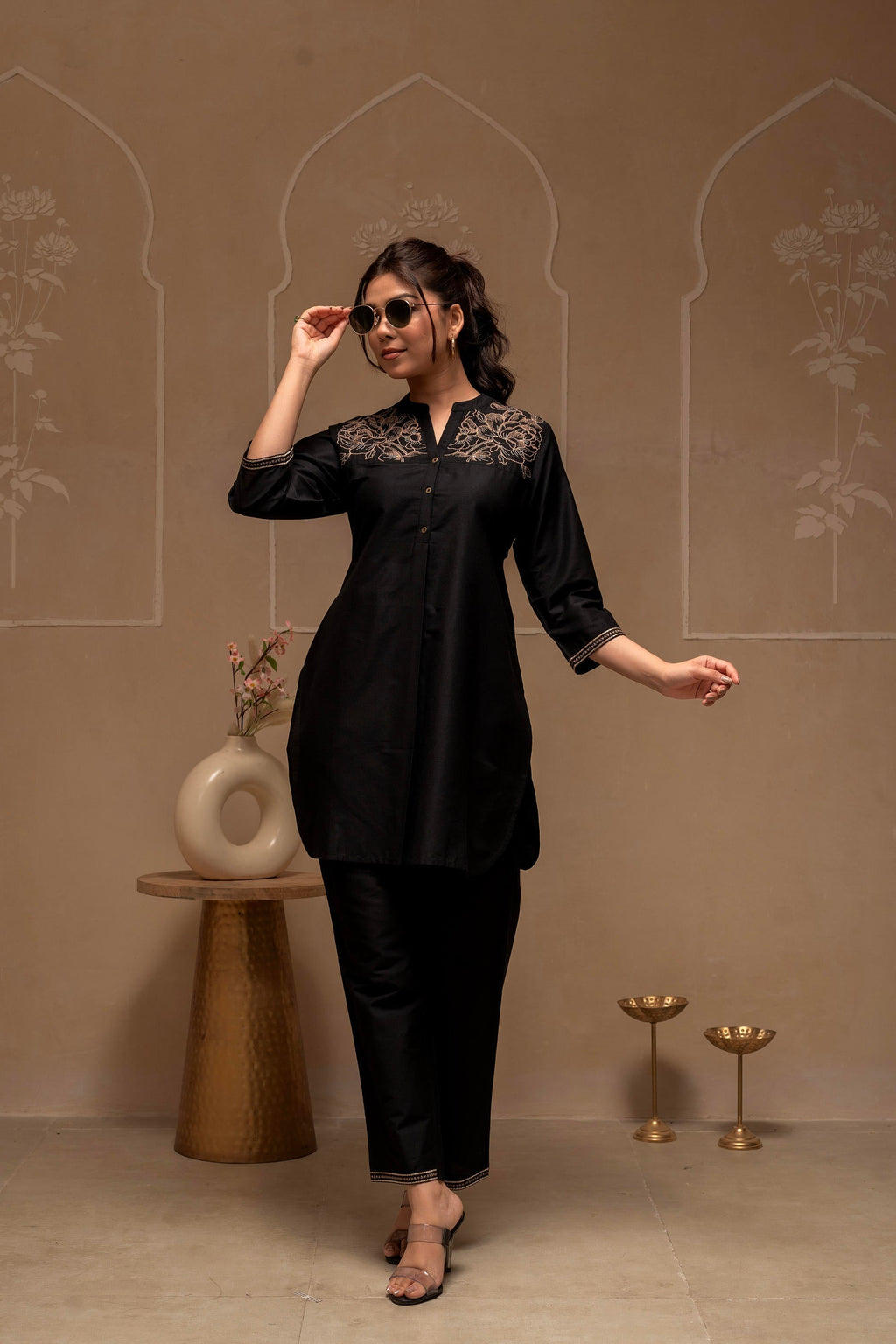 Juniper Black Solid Viscose Tunic And Pants Co-Ord Set With Thread Work And Button Detailing | Grocsy