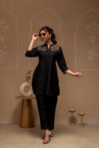 Juniper Black Solid Viscose Tunic And Pants Co-Ord Set With Thread Work And Button Detailing | Grocsy