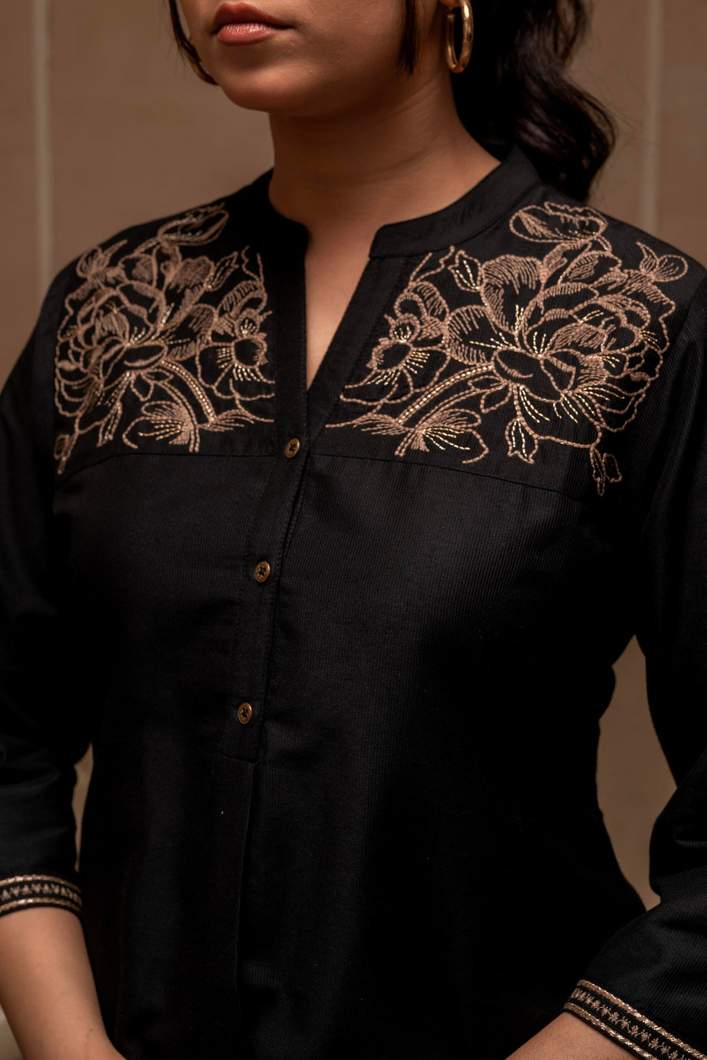Juniper Black Solid Viscose Tunic And Pants Co-Ord Set With Thread Work And Button Detailing | Grocsy