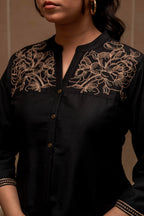 Juniper Black Solid Viscose Tunic And Pants Co-Ord Set With Thread Work And Button Detailing | Grocsy