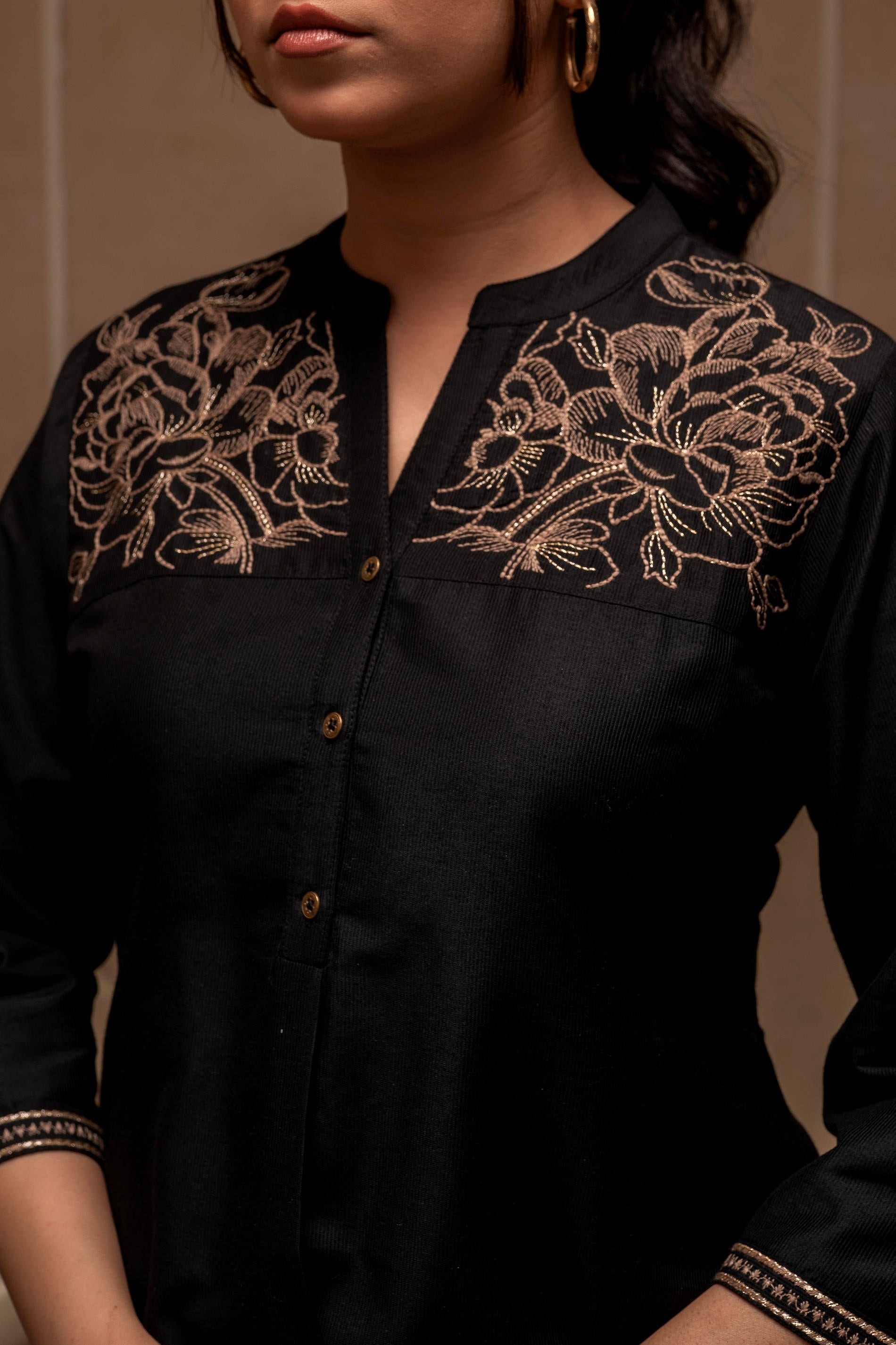 Juniper Black Solid Viscose Tunic And Pants Co-Ord Set With Thread Work And Button Detailing | Grocsy