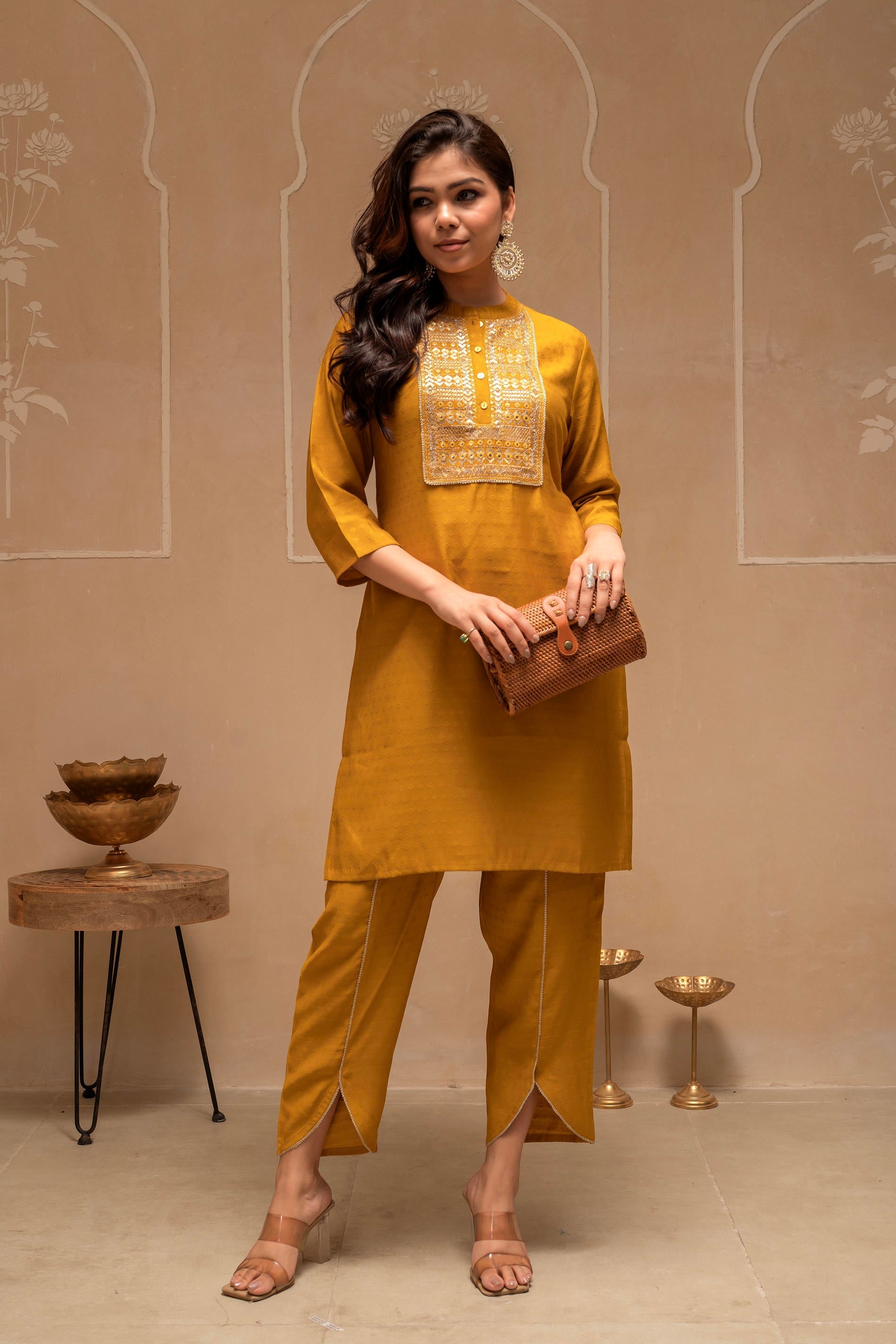 Juniper Mustard Solid Viscose Tunic And Pant Co-Ord Set With Mirror, Thread Work, Button & Sequence | Grocsy