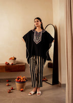 Juniper Black Solid Viscose Kaftan And Pants Co-Ord Set With Mirror And Thread Work | Grocsy