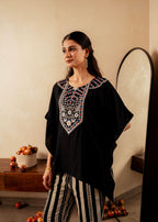 Juniper Black Solid Viscose Kaftan And Pants Co-Ord Set With Mirror And Thread Work | Grocsy