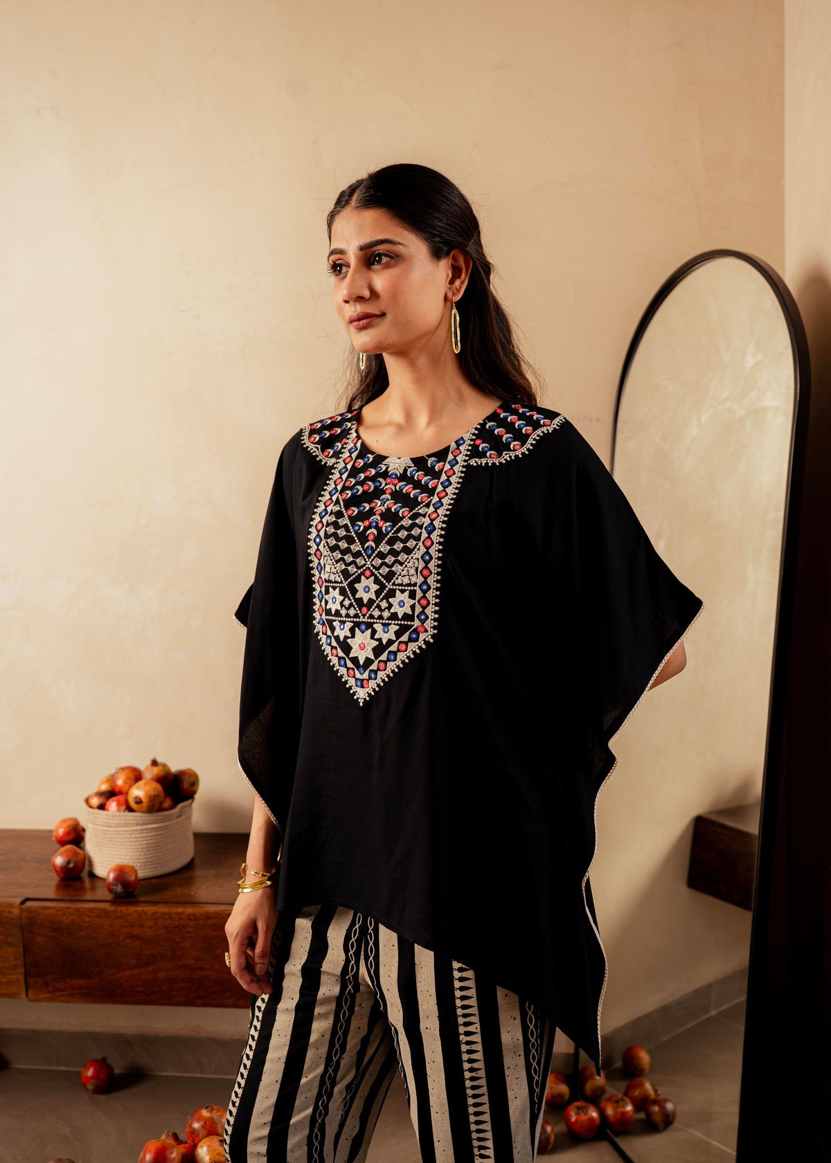 Juniper Black Solid Viscose Kaftan And Pants Co-Ord Set With Mirror And Thread Work | Grocsy