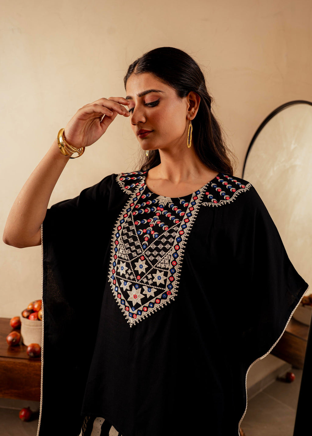 Juniper Black Solid Viscose Kaftan And Pants Co-Ord Set With Mirror And Thread Work | Grocsy