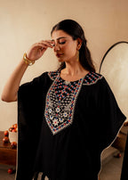 Juniper Black Solid Viscose Kaftan And Pants Co-Ord Set With Mirror And Thread Work | Grocsy