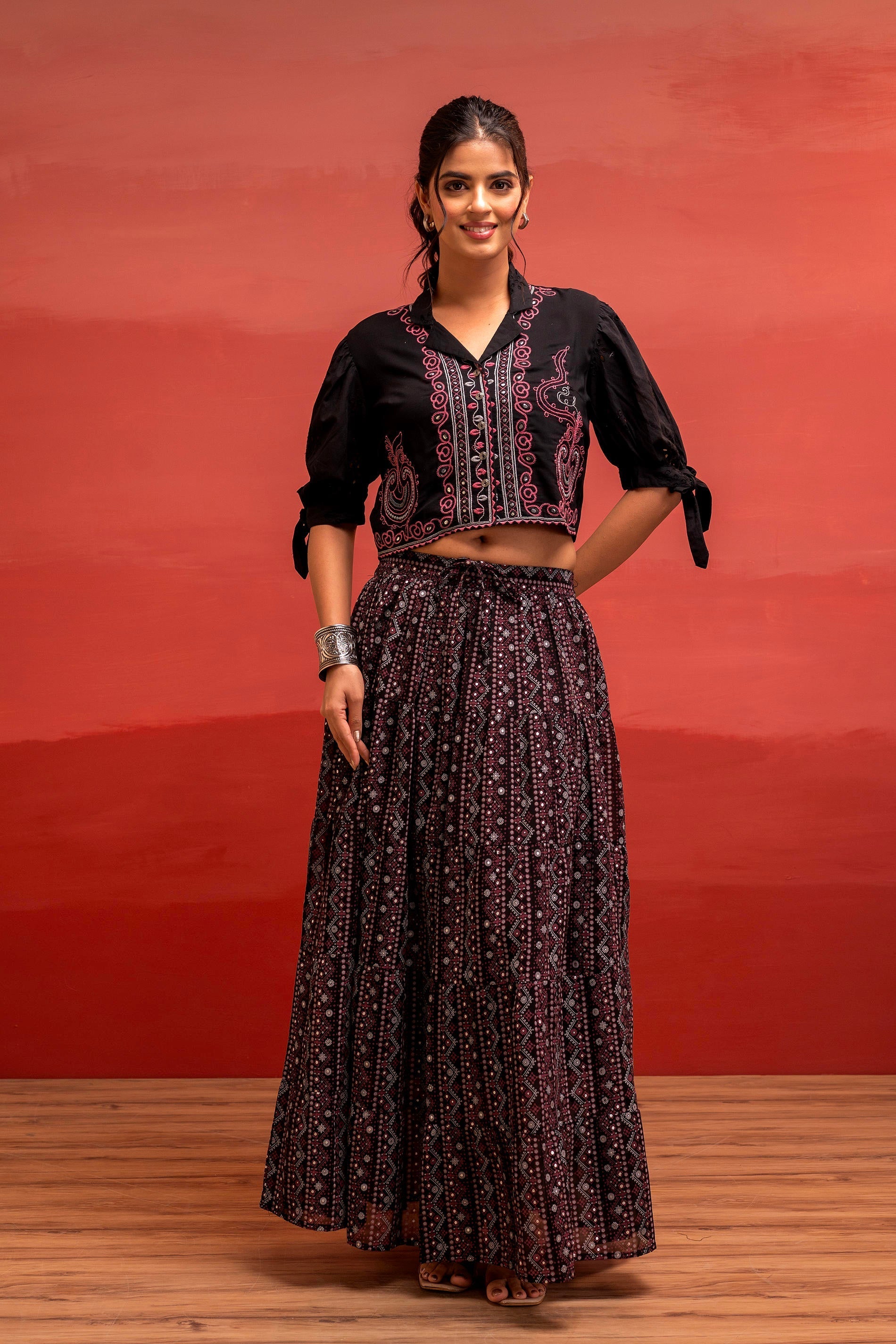 Juniper Black Embroidered Crop Top And Flared Skirt Set With Mirror Work Detailing | Grocsy