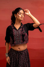 Juniper Black Embroidered Crop Top And Flared Skirt Set With Mirror Work Detailing | Grocsy