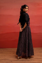 Juniper Black Embroidered Crop Top And Flared Skirt Set With Mirror Work Detailing | Grocsy