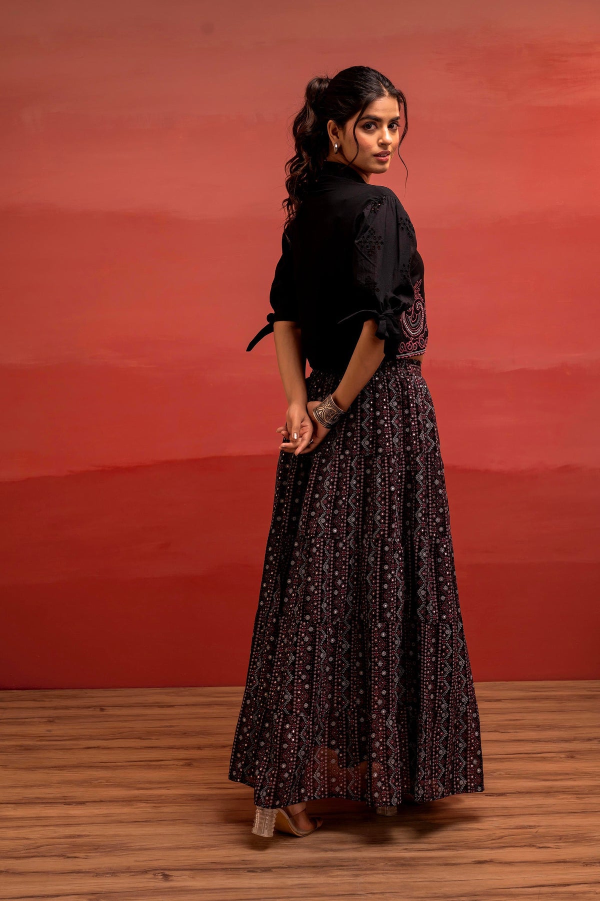 Juniper Black Embroidered Crop Top And Flared Skirt Set With Mirror Work Detailing | Grocsy