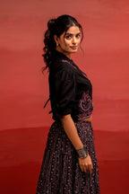 Juniper Black Embroidered Crop Top And Flared Skirt Set With Mirror Work Detailing | Grocsy