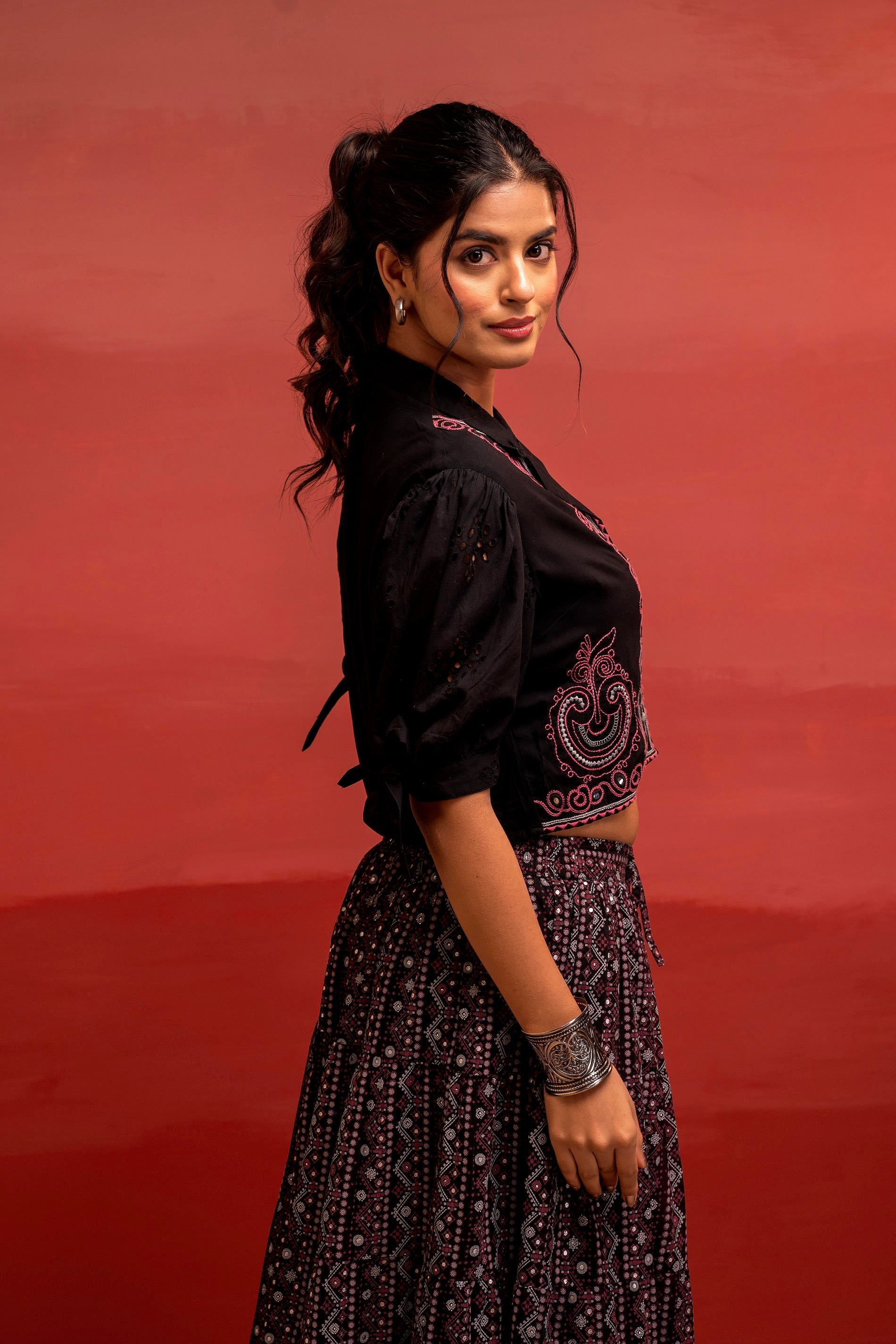 Juniper Black Embroidered Crop Top And Flared Skirt Set With Mirror Work Detailing | Grocsy