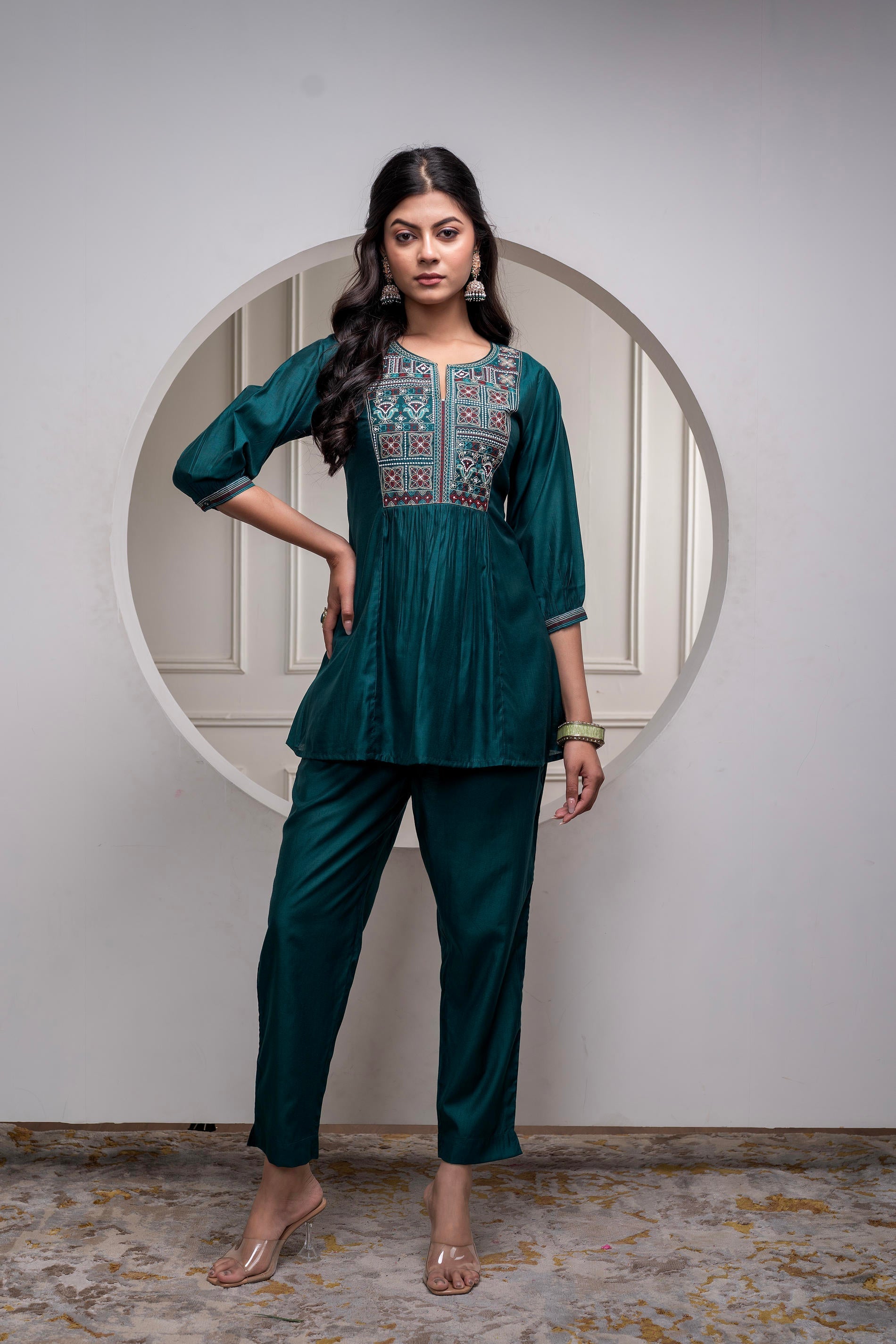 Juniper Bottle Green Solid Viscose Gathered Tunic And Pants Co-Ord Set With Thread Work | Grocsy