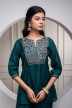 Juniper Bottlegreen Solid Viscose Gathered Tunic And Pants Co-Ord Set With Thread Work | Grocsy