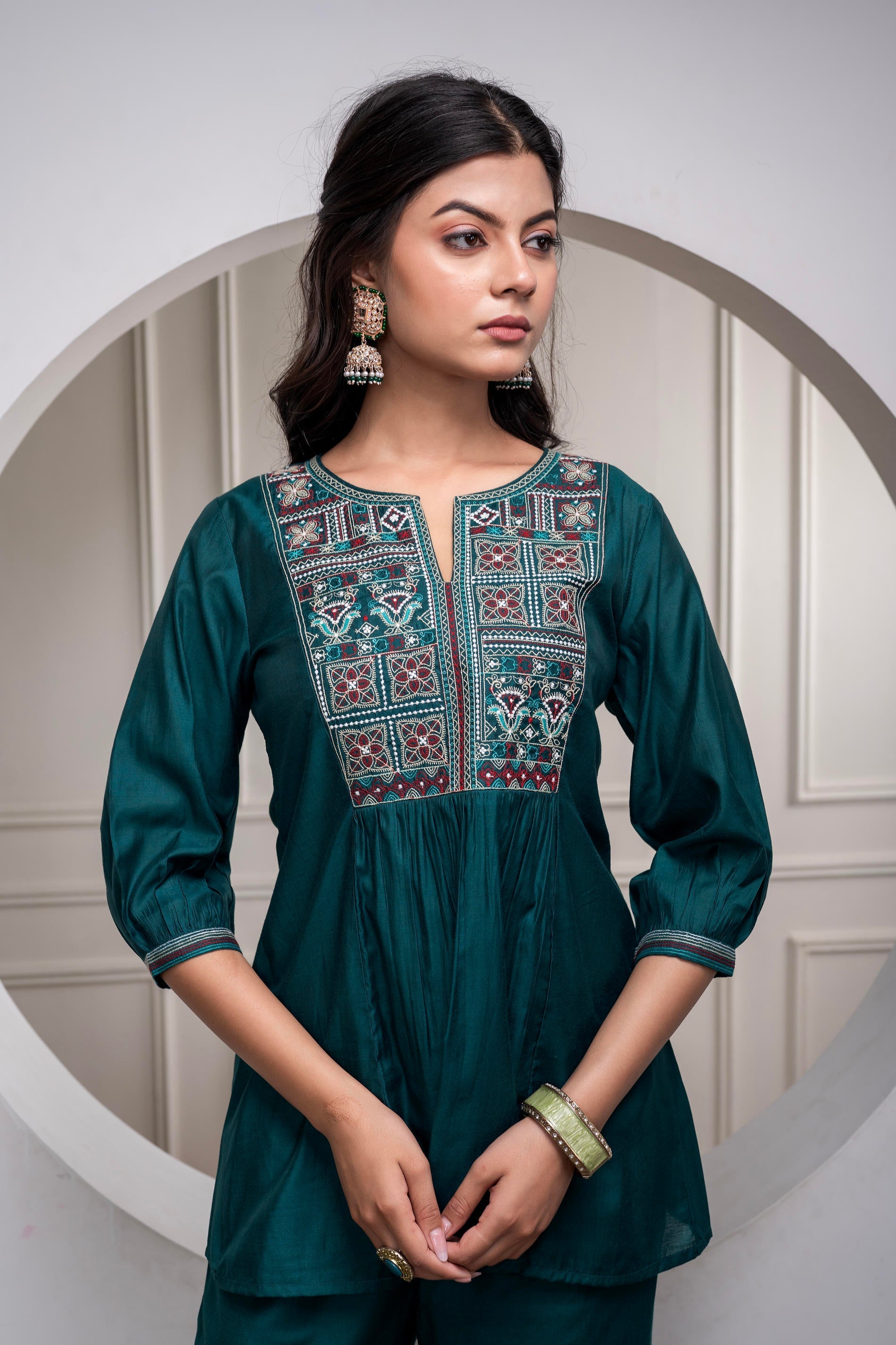 Juniper Bottlegreen Solid Viscose Gathered Tunic And Pants Co-Ord Set With Thread Work | Grocsy