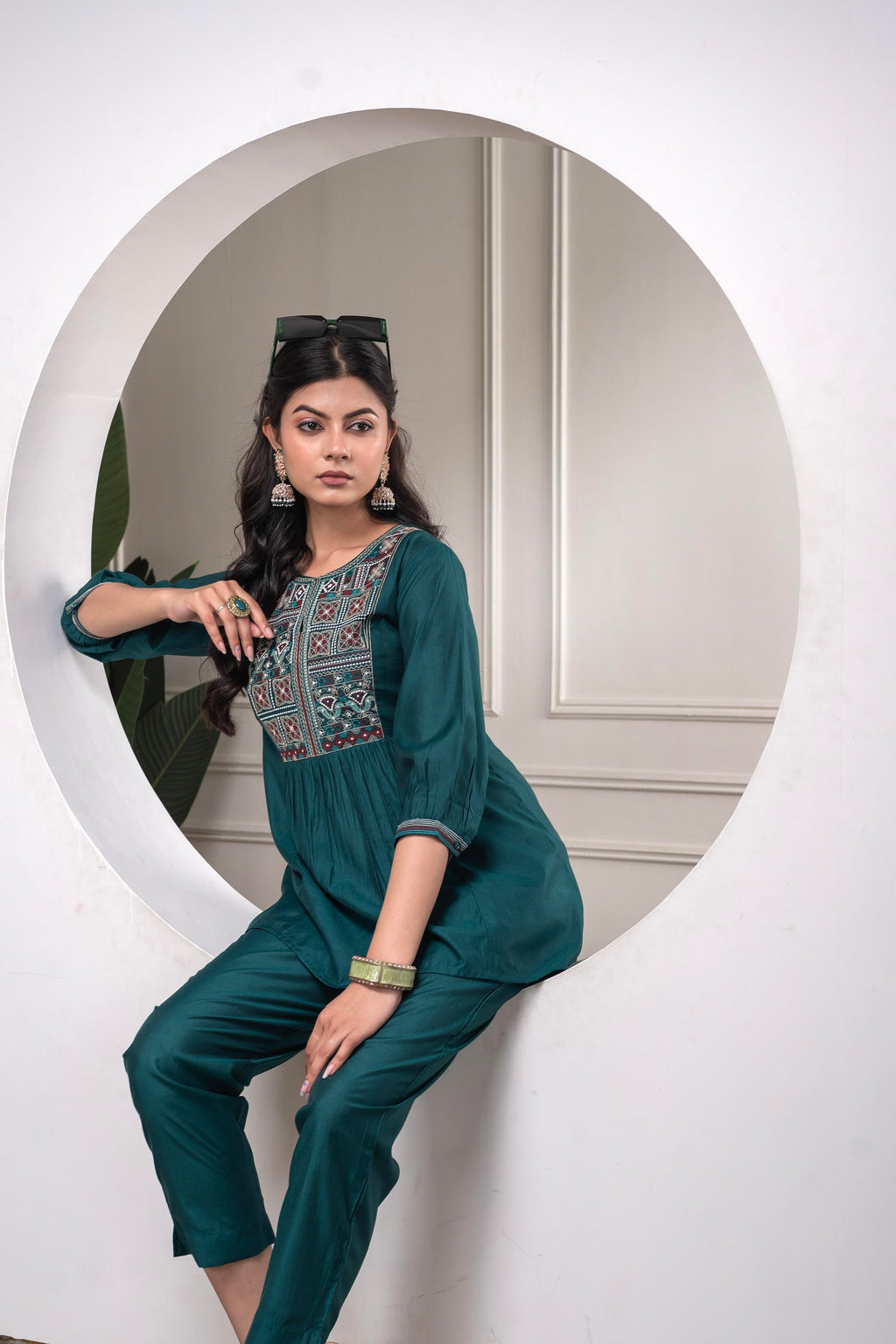 Juniper Bottlegreen Solid Viscose Gathered Tunic And Pants Co-Ord Set With Thread Work | Grocsy