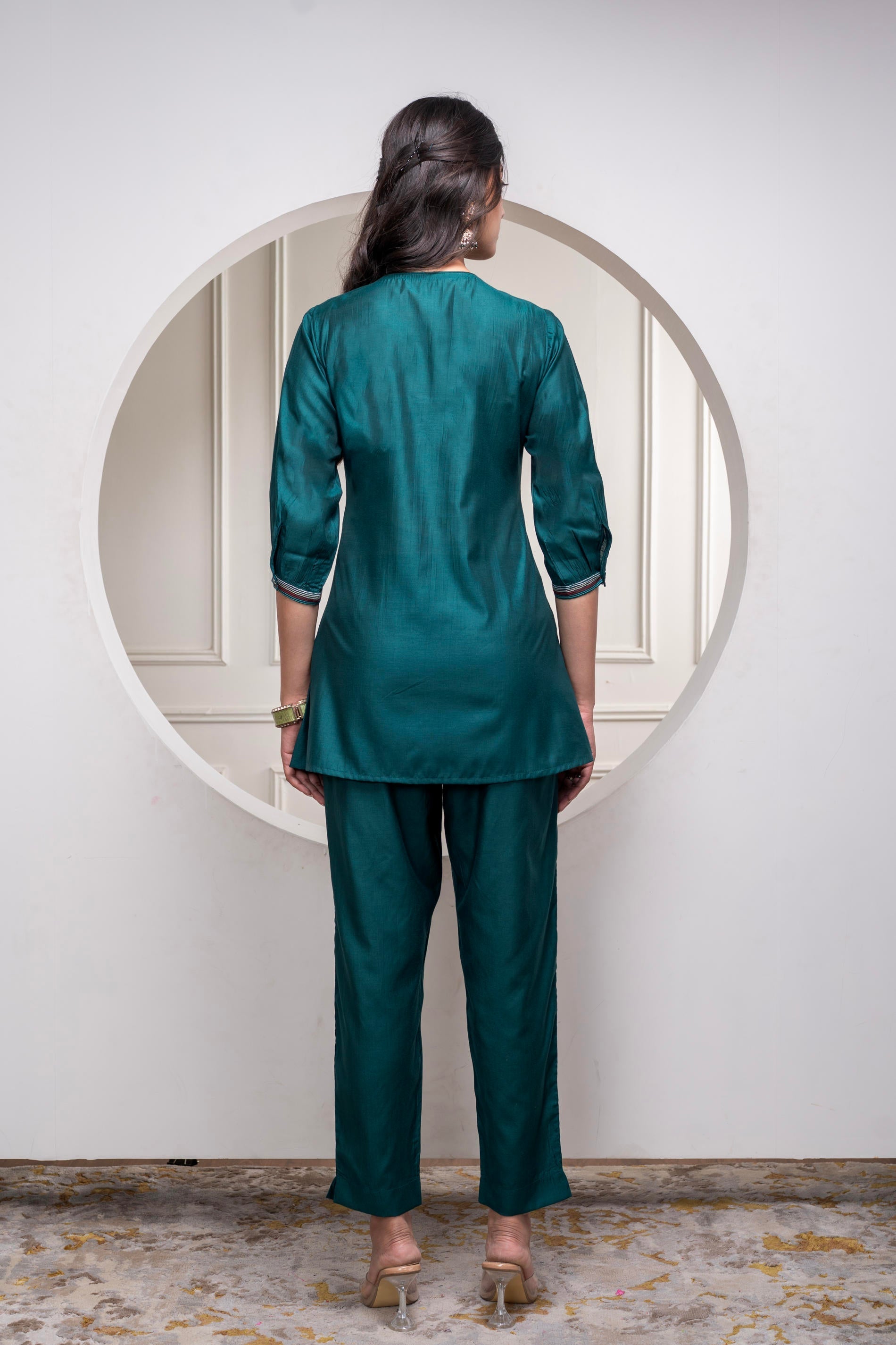 Juniper Bottlegreen Solid Viscose Gathered Tunic And Pants Co-Ord Set With Thread Work | Grocsy