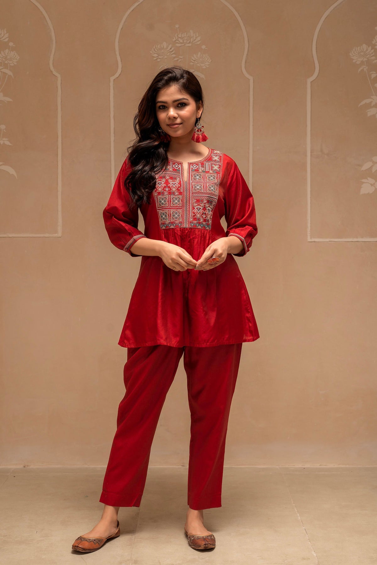 Juniper Maroon Solid Viscose Gathered Tunic And Pants Co-Ord Set With Thread Work | Grocsy