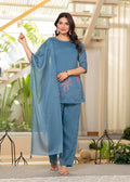 Juniper Blue Solid Man Made Fiber Kurta Pant Dupatta Set With Beads And Telesales Work | Grocsy