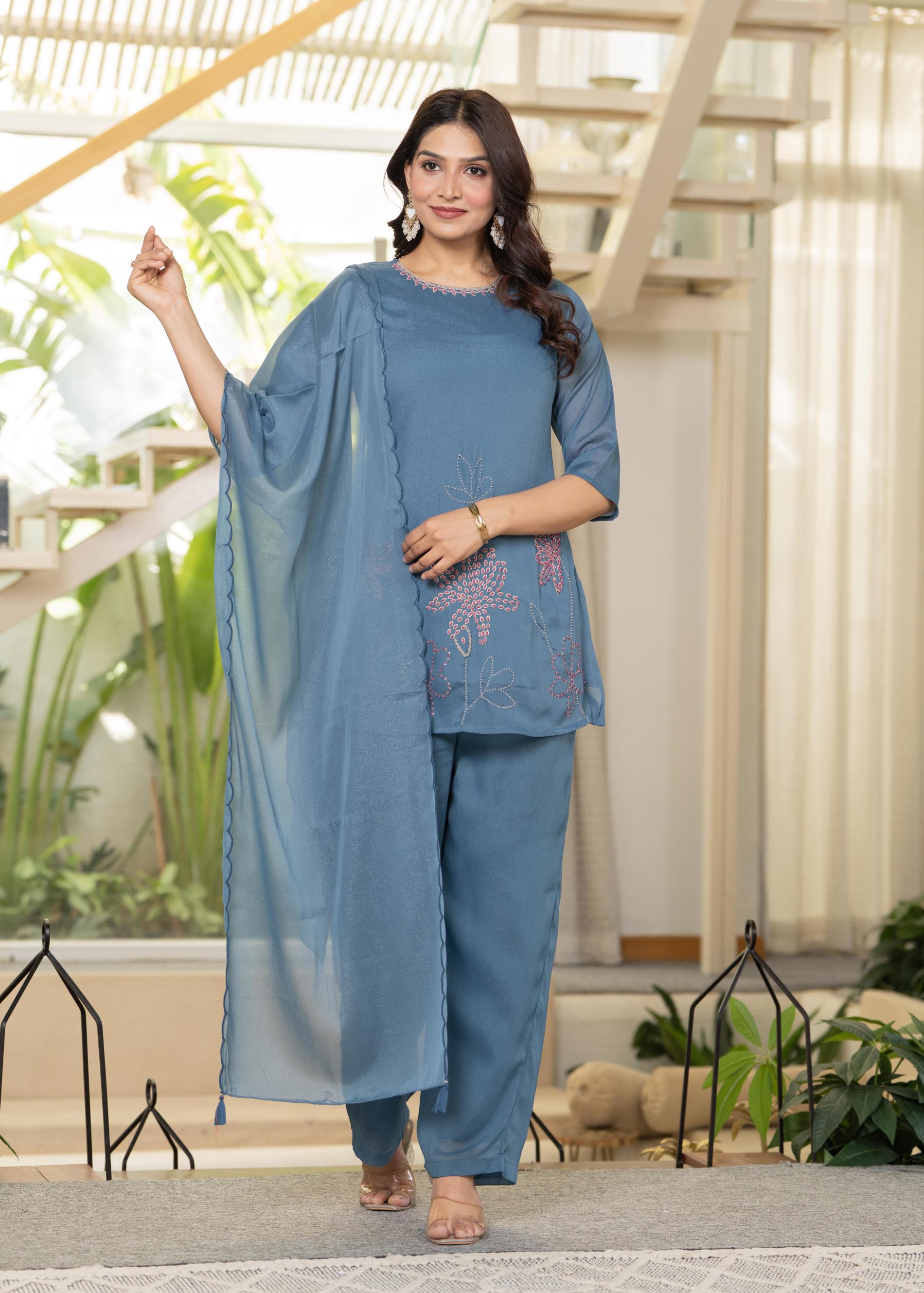 Juniper Blue Solid Man Made Fiber Kurta Pant Dupatta Set With Beads And Telesales Work | Grocsy