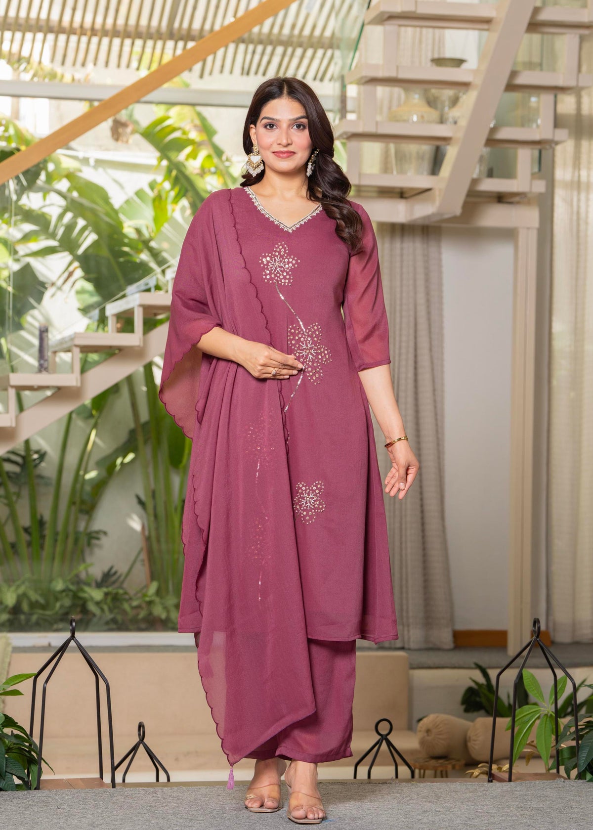 Juniper Mauve Solid Man Made Fiber Kurta Pant Dupatta Set With Beads And Sequence Work | Grocsy
