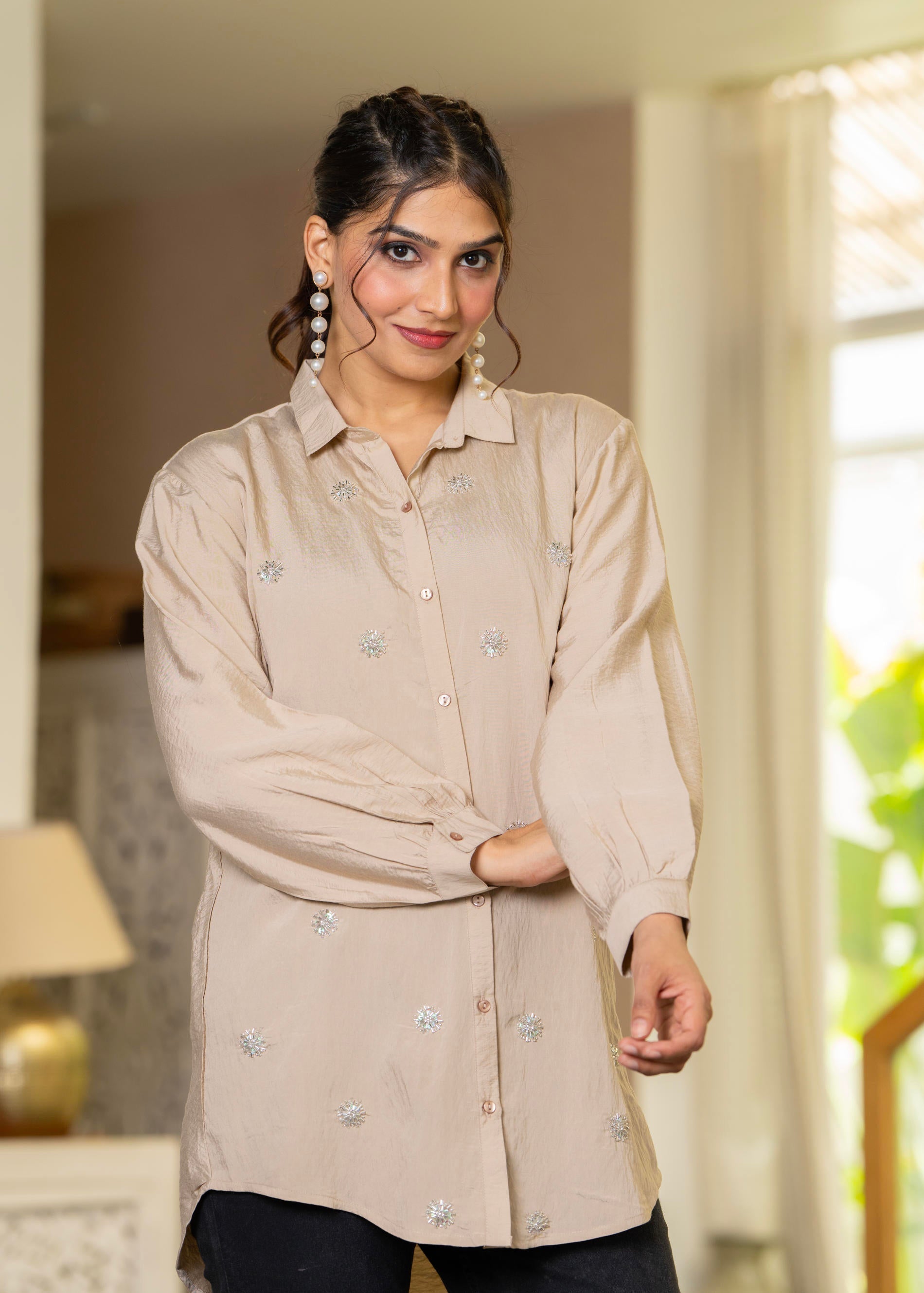 Juniper Ivory Solid Viscose Shirt With Beads And Sequence Work | Grocsy