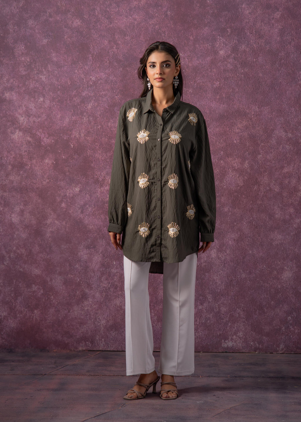 Juniper Olive Green Embellished Shirt Tunic With Beaded Eye Motifs | Grocsy
