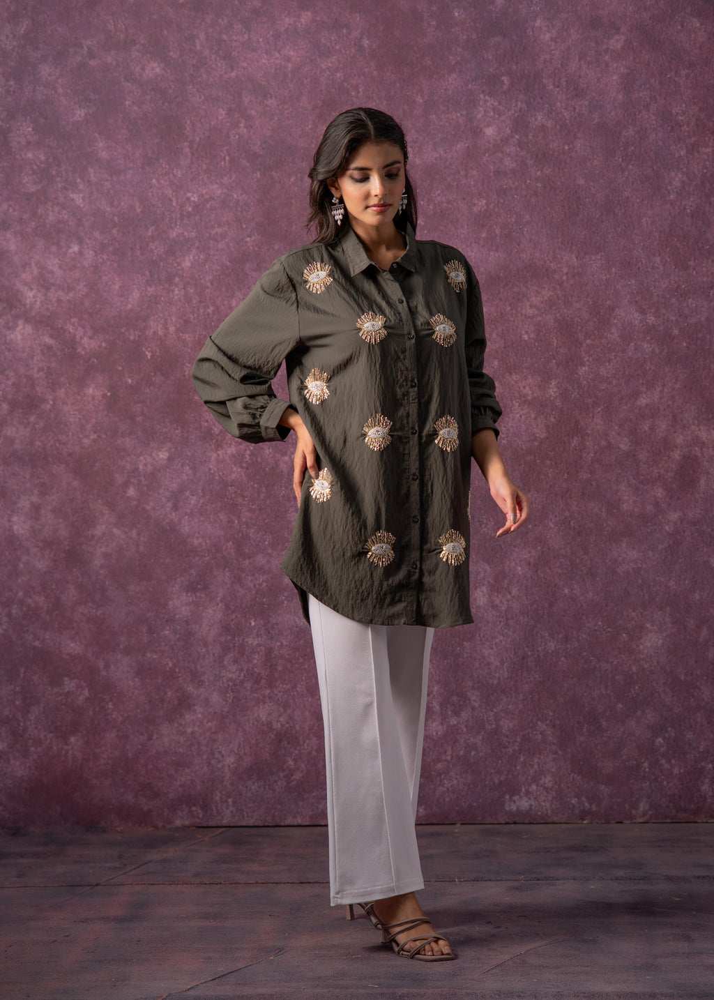 Juniper Olive Green Embellished Shirt Tunic With Beaded Eye Motifs | Grocsy