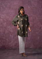 Juniper Olive Green Embellished Shirt Tunic With Beaded Eye Motifs | Grocsy