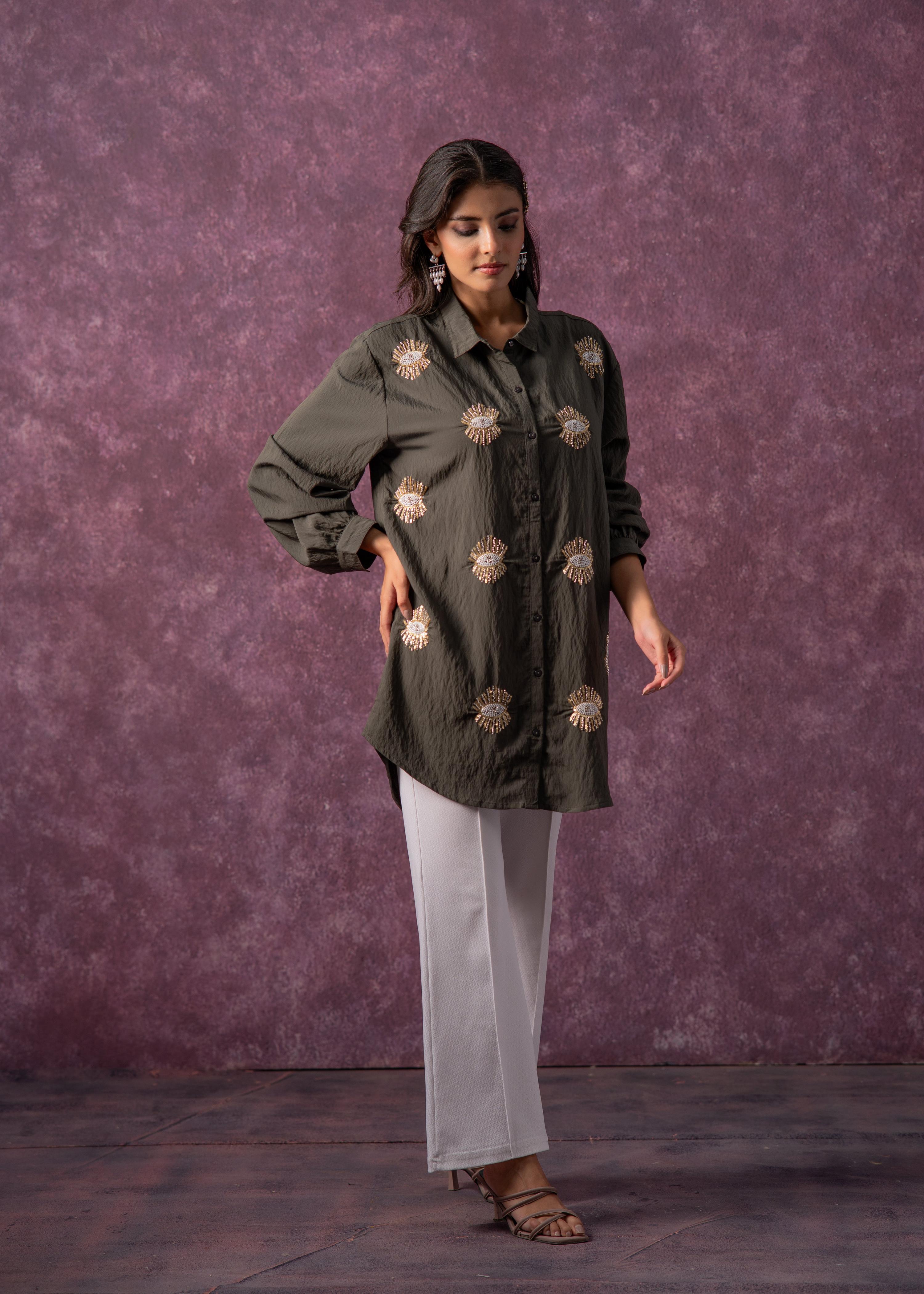 Juniper Olive Green Embellished Shirt Tunic With Beaded Eye Motifs | Grocsy