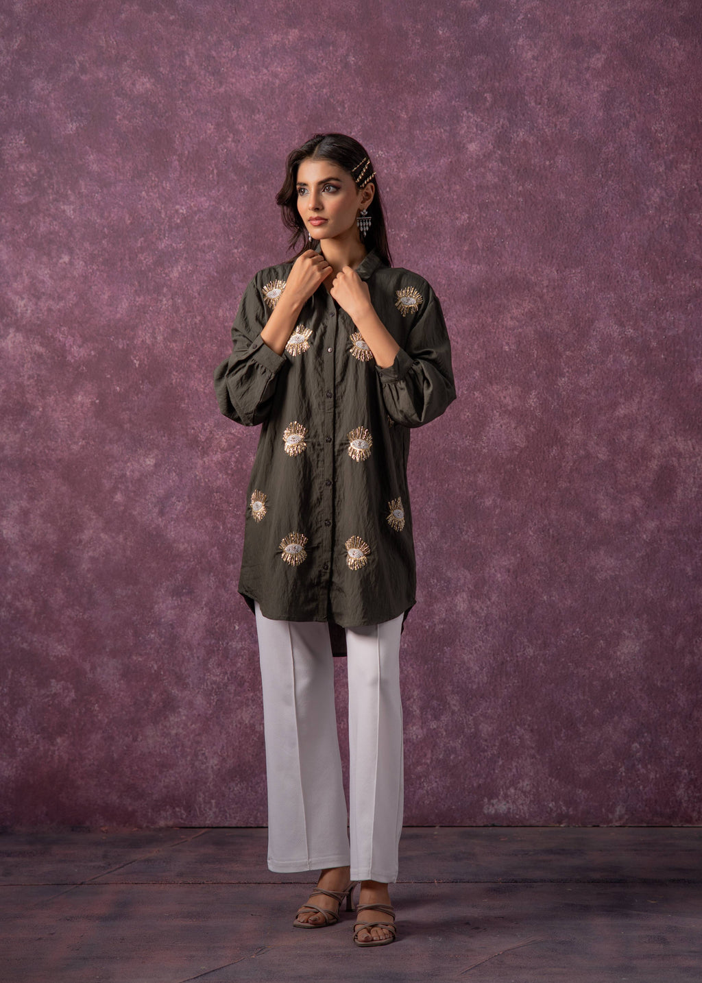 Juniper Olive Green Embellished Shirt Tunic With Beaded Eye Motifs | Grocsy
