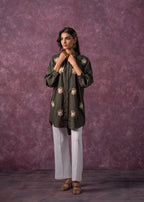 Juniper Olive Green Embellished Shirt Tunic With Beaded Eye Motifs | Grocsy